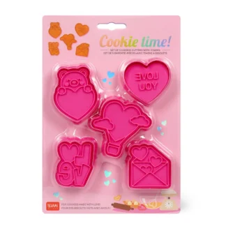 Legami Set of 5 Cookie Cutters with Stamps - Cookie Time! Valentine